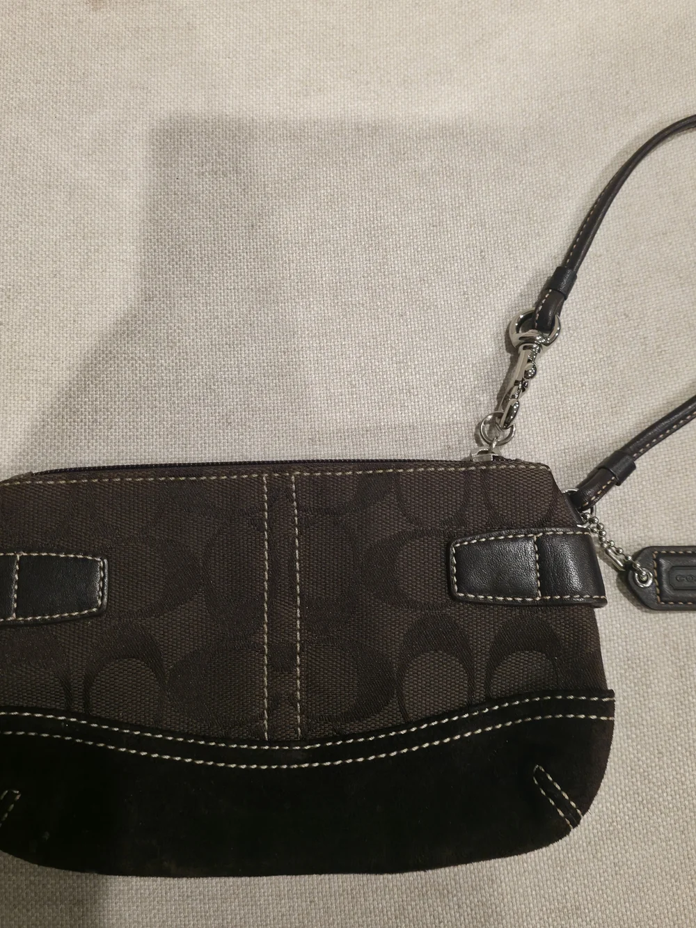 Coach Dark Brown Signature Canvas Wristlet with Black Suede Trim